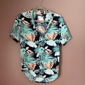 Men's Tropical Leaf Print Casual Shirt - Blue and Orange